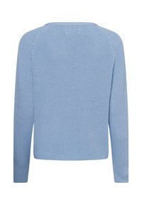Maglione lavorato a maglia blu chiaro con colletto a girocollo, maniche lunghe a raglan e polsini a coste. La texture è liscia con una vestibilità leggermente ampia.