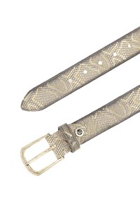 Ceinture en simili cuir serpent doré avec une surface texturée, boucle rectangulaire et plusieurs trous de réglage. Comprend une boucle de maintien en cuir sécurisée.