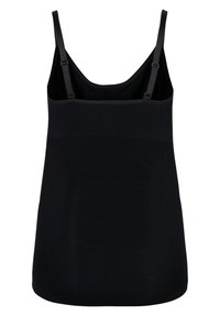 Schwarzes Camisole-Top mit verstellbaren Trägern, glatter Textur und tailliertem Design. Mit rundem Ausschnitt und geradem Saum.