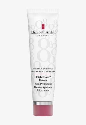 Witte tube van Elizabeth Arden Eight Hour Cream huidbeschermende crème met roze dop en subtiel cijfer 8 patroon op de verpakking.