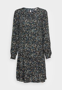 Robe noire à manches longues avec encolure ronde, ornée d'un imprimé floral multicolore et d'un dos keyhole. Silhouette fluide.