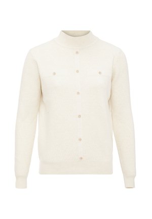 Krémszínű kötött pulóver, magas gallérral, gombos elejével és két mellzsebbel, amelyek kerek gombokkal záródnak. Texturált anyag kialakítás.