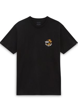 Czarny t-shirt Vans z krótkim rękawem, z małym pomarańczowym logo palmy i napisem "Vans Off The Wall" na lewej piersi.