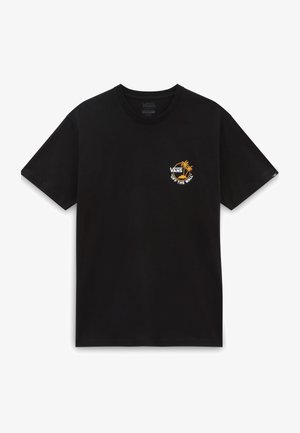 Camiseta negra de manga corta de Vans con un pequeño logo naranja de una palmera y el texto "Vans Off The Wall" en el lado izquierdo del pecho.