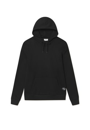 Black hooded sweatshirt made of soft fabric, featuring a kangaroo pocket and a drawstring hood. Includes a small logo at the lower front.