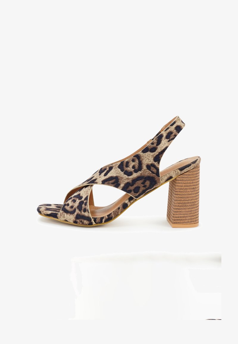 Damen Slingback-Absatzschuhe im Leopardenprint mit Blockabsatz, aus weichem Stoff gefertigt, mit offener Zehe und überkreuzten Riemen für Halt und Stil.
