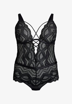 Schwarzer Spitzen-Bodysuit mit tiefem Ausschnitt, überkreuzten Trägern, filigranen Mustern und transparenter Stoffdetails. Abnehmbare Polsterung enthalten.