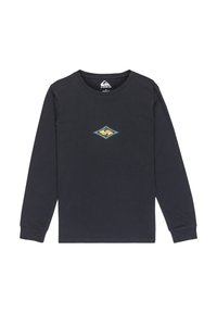 Schwarzes Langarm-T-Shirt mit Rundhalsausschnitt und einem kleinen blauen und goldenen Diamantlogo auf der Brust. Baumwollmaterial mit weicher Textur.