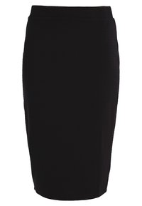 Černá tužková sukně vyrobená z texturované látky, s přiléhavým střihem, pasem a délkou do kolen. Bez viditelných zapínání nebo vzorů.