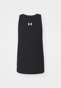 Débardeur noir sans manches en tissu doux, avec un col rond et un logo Under Armour blanc sur la poitrine. Design simple.