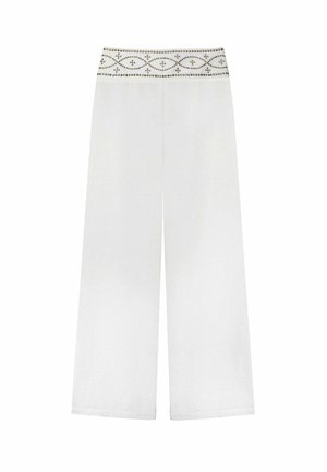 Pantalones de pierna ancha blancos con una cinturilla texturizada que presenta costuras decorativas y abalorios. Confeccionados en tejido ligero.