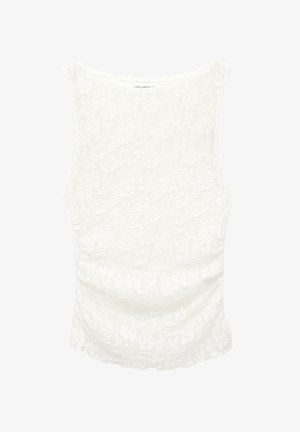Weißes Spitzen-Tanktop mit tailliertem Schnitt, floralem Muster und rundem Ausschnitt. Glatte Textur und ärmelloser Stil.