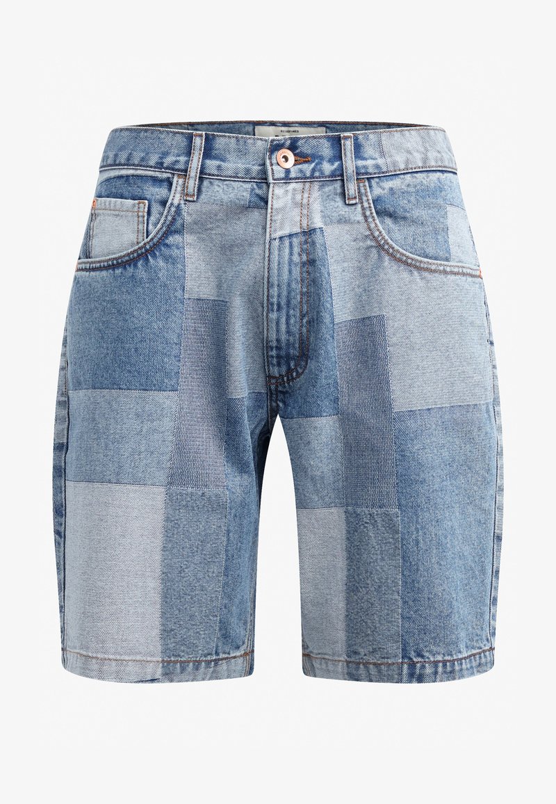 Denim shorts featuring a patchwork design in varying shades of blue, with five-pocket styling and a copper button closure.