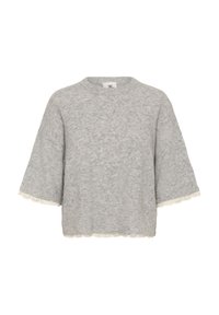 Lysegrå, korthåret sweater med brede korte ærmer og delikat hvid blondekant på manchetter og nederkant.