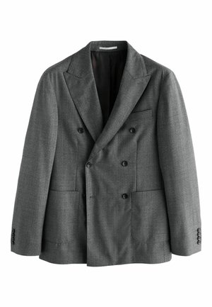 Double-breasted grey blazer made of textured fabric, featuring large front pockets, peak lapels, and black buttons. Lined interior.