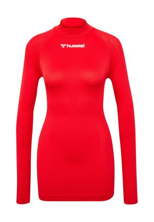 Rød langærmet træningstop med høj hals, lavet af strækbart materiale. Hummel-logoet trykt i hvidt på brystet. Glat tekstur.
