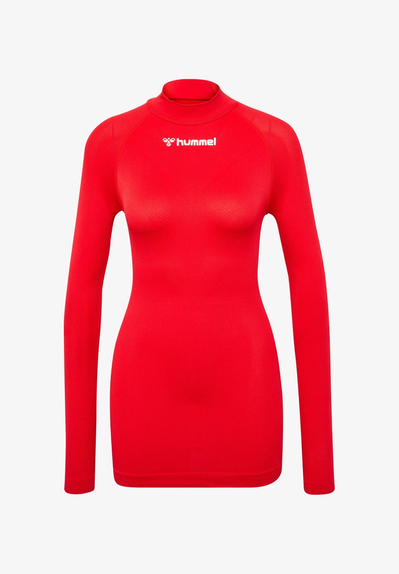 Rød langærmet træningstop med høj hals, lavet af strækbart materiale. Hummel-logoet trykt i hvidt på brystet. Glat tekstur.