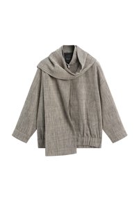 Giacca grigia con zip e dettaglio sciarpa abbinato attaccato, maniche lunghe, una tasca frontale e vita elasticizzata.