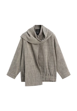 Šedá zipová bunda s připojeným šálovým detailem, dlouhými rukávy, jednou přední kapsou a elastickým pasem.