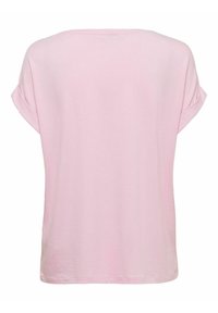 Różowy t-shirt z krótkim rękawem o luźnym kroju i podwiniętych mankietach. Miękka bawełniana tkanina, okrągły dekolt i lekko zaokrąglony dół.
