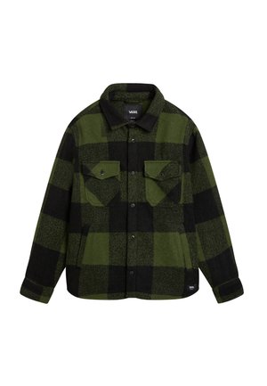 Grün und schwarz kariertes Hemdjacke mit Kragen und zwei vorderen Brusttaschen, hergestellt von Vans.