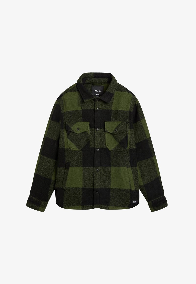 Veste à boutons à carreaux verts et noirs avec col et deux poches poitrine avant, fabriquée par Vans.