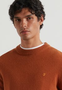 Sweter w kolorze rdzy, wykonany z dzianiny, z okrągłym dekoltem, żebrowanym wykończeniem i subtelnym, żółtym logo wyszytym na piersi. Miękka faktura.