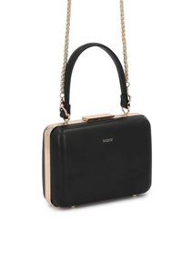 Must ristkülikukujuline käekott kuldse raami, ülemise sangaga, kettist õlarihma ja väikese kaubamärgi logoga esiküljel.