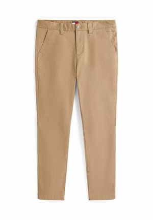 Beige katoenen broek met een rechte snit, voorzien van twee frontzakken, een tailleband met riemlussen en een knoopsluiting aan de voorkant.