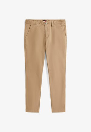 Beige katoenen broek met een rechte snit, voorzien van twee frontzakken, een tailleband met riemlussen en een knoopsluiting aan de voorkant.