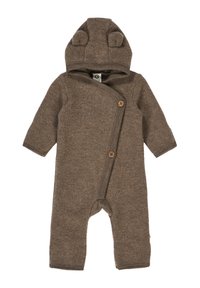 Brązowy kombinezon polarowy z kapturem z uszami misia, długimi rękawami i drewnianymi guzikami. Miękka tekstura z kopertowym zapięciem.