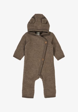 Bruine fleece-eendelig met een capuchon met berenoren, lange mouwen en houten knopen. Zachte textuur met een wikkelontwerp.