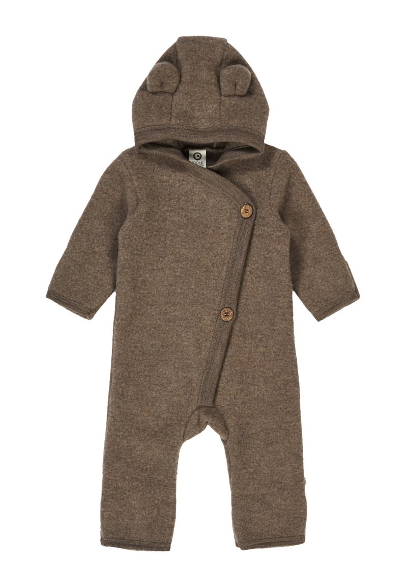 Brązowy kombinezon polarowy z kapturem z uszami misia, długimi rękawami i drewnianymi guzikami. Miękka tekstura z kopertowym zapięciem.