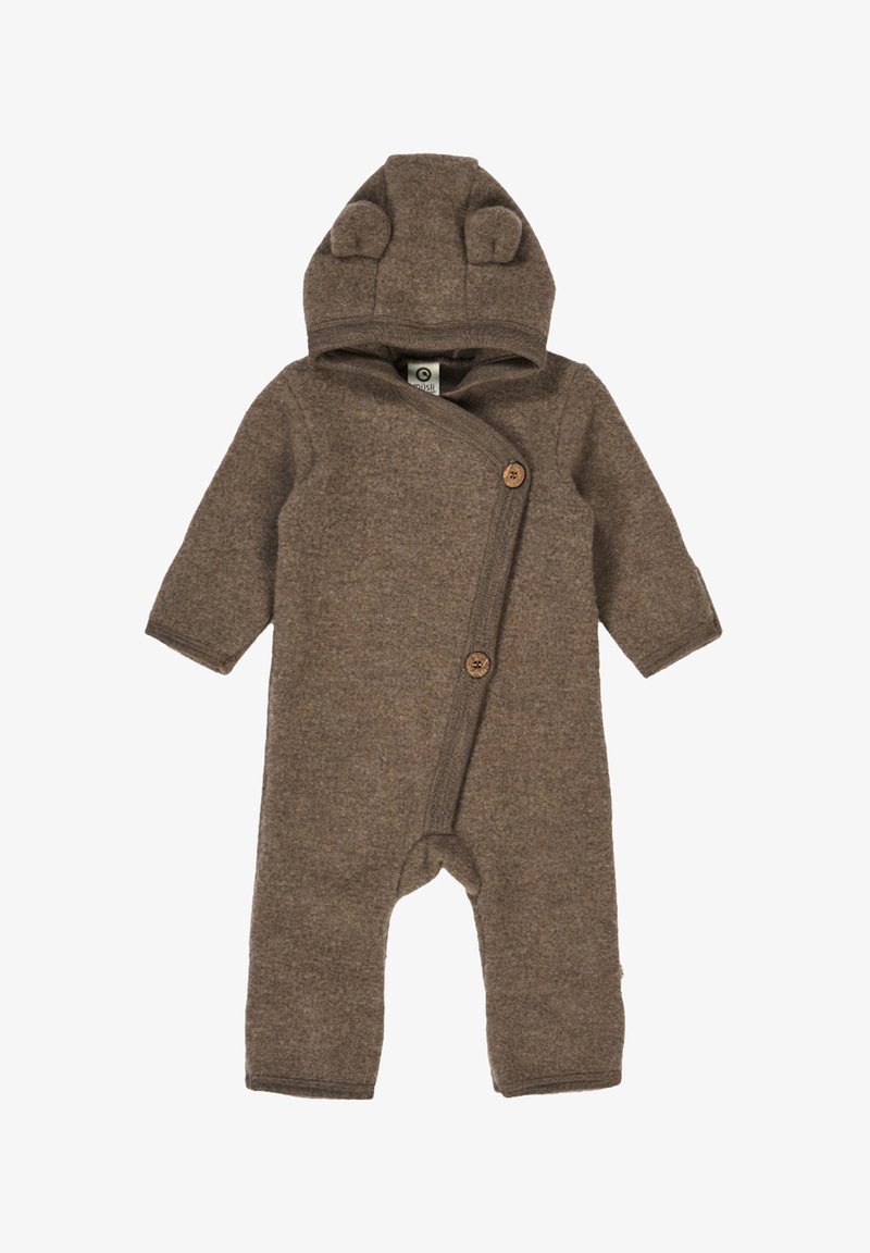 Brązowy kombinezon polarowy z kapturem z uszami misia, długimi rękawami i drewnianymi guzikami. Miękka tekstura z kopertowym zapięciem.
