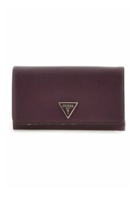 Portefeuille Guess bordeaux en matériau synthétique texturé, avec un logo triangulaire argenté. Design plié avec une fermeture à pression.