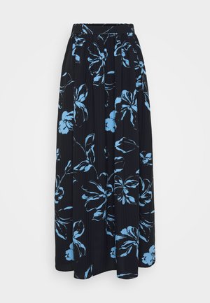 Maxi skjørt i svart med blå blomstermønster, med elastisk midjebånd og plisserte detaljer for komfort og bevegelse.