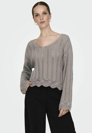 Pull en maille gris clair avec des manches longues et un col en V, présentant un ourlet festonné et un motif ajouré sur l'ensemble. Assorti avec un pantalon noir.
