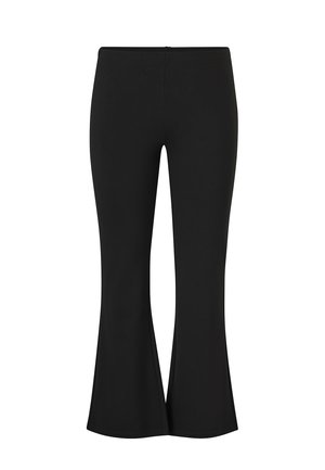 Zwarte flared broeken van rekbaar materiaal, met een aansluitende taille en een flare onderaan, geschikt voor zowel casual als chique gelegenheden.