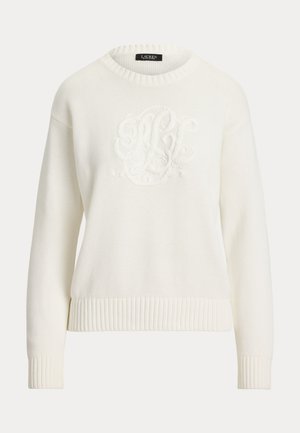 Hvid langærmet strikket sweater med ribbold på manchetter og kant, med hævet broderet monogram-design på forsiden.