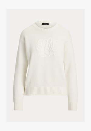 Hvid langærmet strikket sweater med ribbold på manchetter og kant, med hævet broderet monogram-design på forsiden.