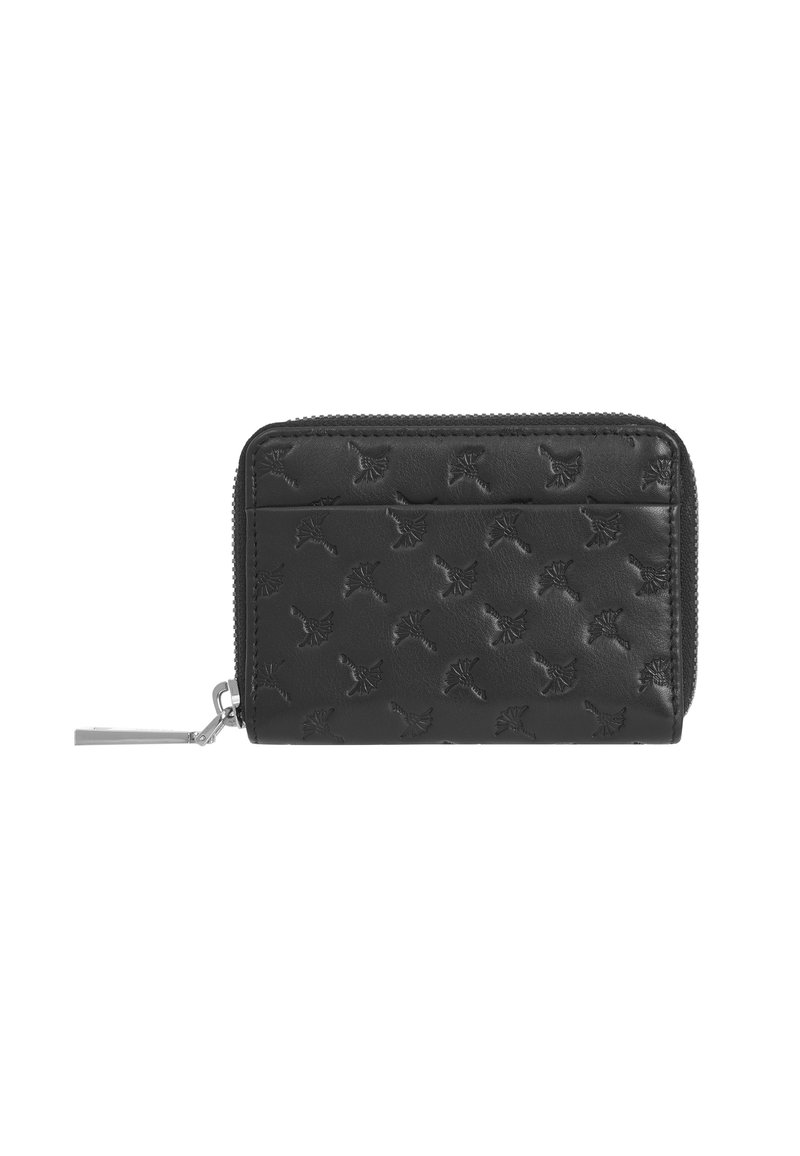 Black leather wallet featuring an embossed pattern, zip closure, and silver hardware. Compact design with subtle texture.