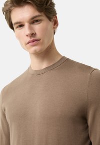 Brown long-sleeve knit shirt with a crew neck. The fabric has a smooth texture and features a fitted design with minimal stitching details.
