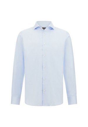 Light blue button-up shirt with vertical white stripes, long sleeves, collar, and six white buttons down the front. Smooth fabric texture.