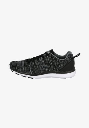 Schwarze und graue Sportschuhe mit einem strukturierten Strickobermaterial, kontrastierender weißer Sohle, Schnürdesign und dezentem Branding an der Seite.