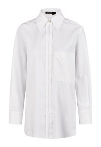 Weißes Button-Up-Hemd mit langen Ärmeln aus glattem Stoff, klassischem Kragen, Brusttasche und Knopfleiste mit kontrastierenden Nähten.