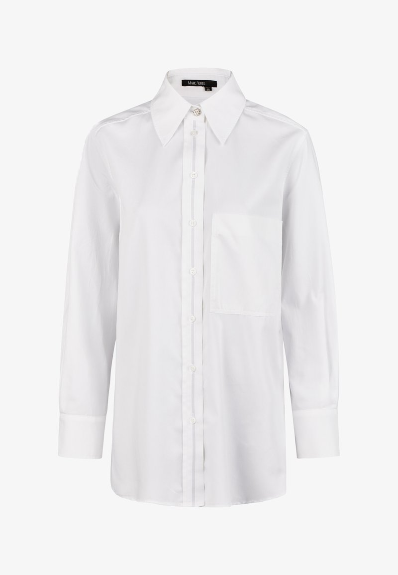 White long-sleeve button-up shirt in a smooth fabric with a classic collar, front pocket, and button placket featuring contrasting stitching.