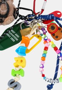 Kolorowy breloczek z plastikowymi literkami, serduszkami i figurką misia; charakteryzuje się różnorodnymi fakturami, kształtami i żywymi kolorami. Dołączony klips i pętle.