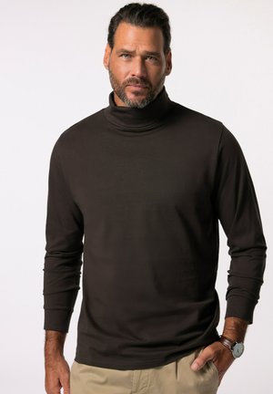Brown turtleneck sweater made from smooth fabric with long sleeves and a relaxed fit, featuring a high collar and ribbed texture.