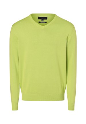 Hellgrüner Langarm-V-Ausschnitt-Pullover aus Bio-Baumwolle mit gerippten Bündchen und Saum.