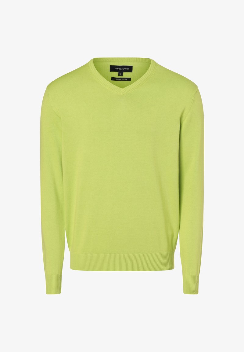 Pull vert clair à manches longues avec col en V, fabriqué en coton biologique, avec poignets et ourlet côtelés.